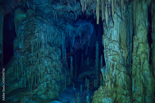 Fototapeta underwater cave stalactites landscape, cave diving, yucatan mexico, view in ceno