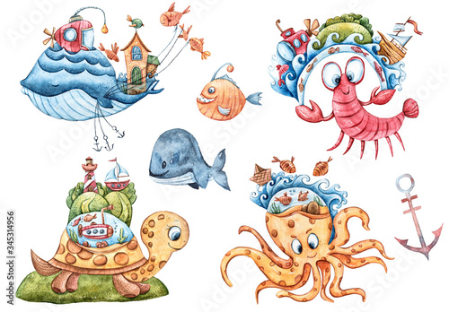 Watercolor nautical set. Hand painted cartoon characters clipart  fish  whale  octopus  crab  submarine  lighthouse. Isolated objects on white background. Perfect for pattern  kid s room poster  book