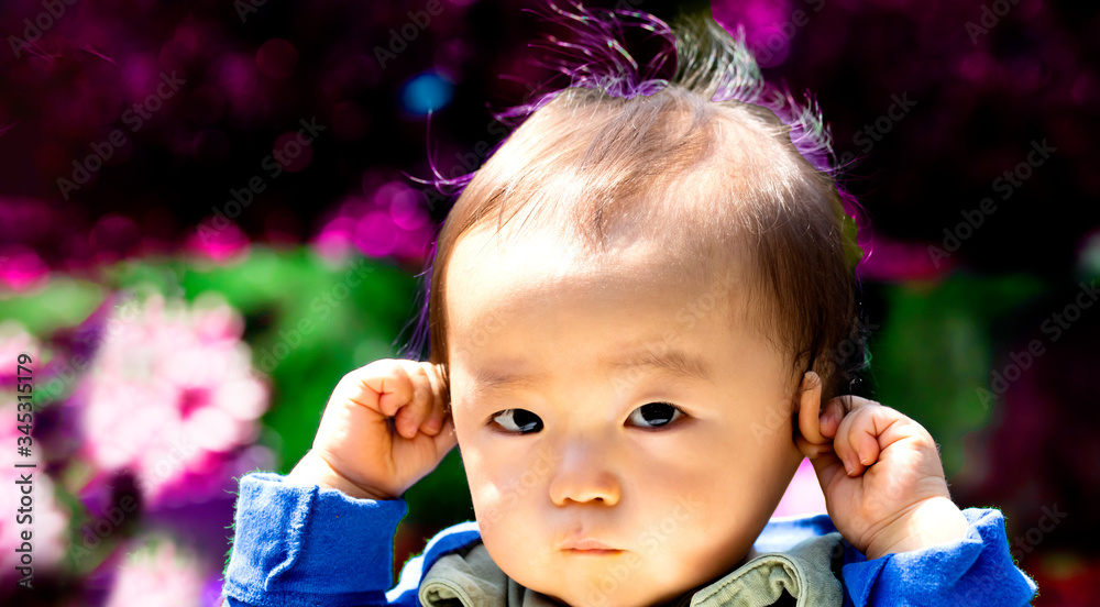 赤ちゃんが耳を押さえているのとコピースペース 赤ちゃんが両耳を触る Stock Photo Adobe Stock