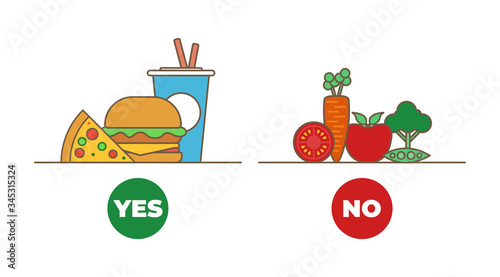 Food choice. Healthy and junk eating. A man is holding a tray organic products and fast food. Diet decision concept and nutrition. Fresh fruit and vegetables or greasy cholesterol. Vector flat design.