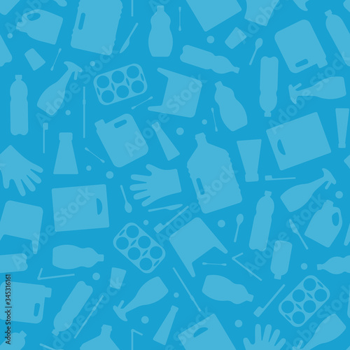 Plastic waste, ocean pollution seamless pattern vector illustration. Eco problem water pollution trash symbol seamless background. Earth day wallpaiper with single use plastic garbage outline icons