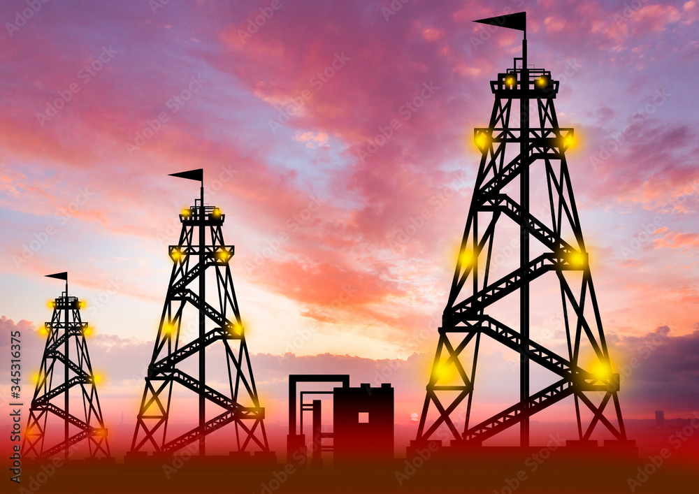 Several oil rigs stand nearby. Size of drilling rigs is gradually growing. Concept - increase in cost of petroleum products. Silhouettes of rigs on background of sunset. Concept - rising oil prices