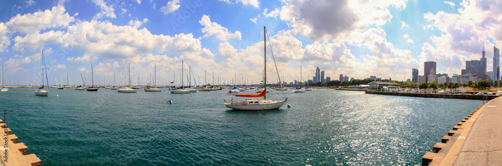 Lake Michigan at Chicago City with sailing boats, panorama