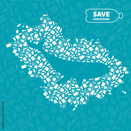 Plastic waste ocean environment problem concept vector illustration. Whale ocean mammal outline cut in plastic waste flat icon patch. Sustainable lifestyle graphic, underwater wildlife danger concept.