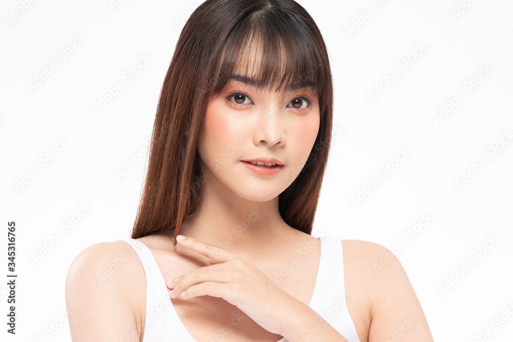 Beautiful Asian woman looking at camera smile with clean and fresh skin Happiness and cheerful with positive emotional,isolated on white background,Beauty Cosmetics and spa Facial treatment Concept