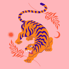 Fotobehang Tijger Chinese tijger in Aziatische boho stijl  © Mystery Kit