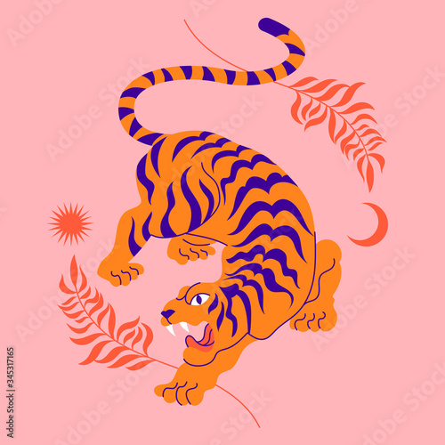 Vector card with chinese tiger in boho asian style. Beautiful animal print design. For fabric, wall art, interior design, social media post, packaging. Floral branch, crescent moon, star, magic. 