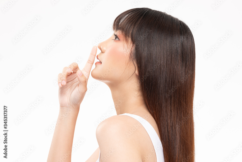 Beautiful Asian woman touching nose smile with clean and fresh skin Happiness and cheerful with positive emotional on white,Plastic Surgery nose,Beauty Cosmetics and spa facial treatment Concept Beautiful Asian woman touching nose smile with clean and fresh skin Happiness and cheerful with positive emotional on white,Plastic Surgery nose,Beauty Cosmetics and spa facial treatment Concept