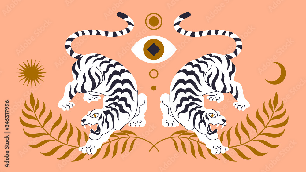 Vector card with chinese tigers in boho asian style. Beautiful animal print design. For fabric, wall art, interior design, social media post, packaging. Floral branch, crescent moon, star, magic. Vector card with chinese tigers in boho asian style. Beautiful animal print design. For fabric, wall art, interior design, social media post, packaging. Floral branch, crescent moon, star, magic.