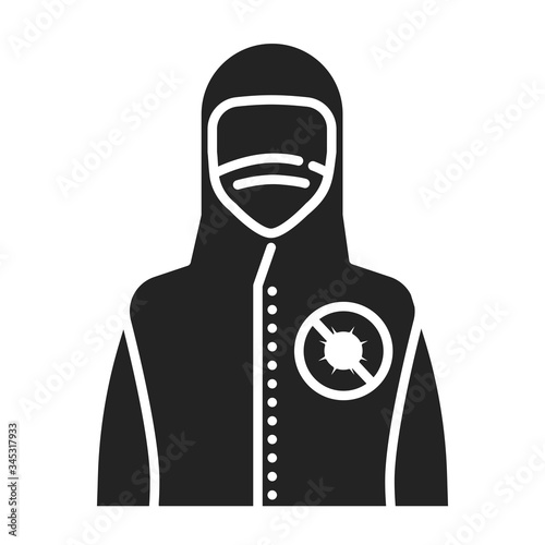 Doctor or worker in medical protective suit black glyph icon. Coronavirus pandemic COVID-19. Protect from viruses. Pictogram for web page, mobile app, promo. UI UX GUI design element.