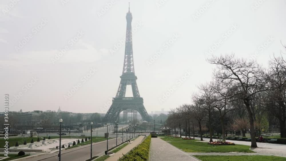 Paris, France / 04 13 2020 : Deserted Eiffel tower area during coronavirus / Covid-19 lockdown in Paris
