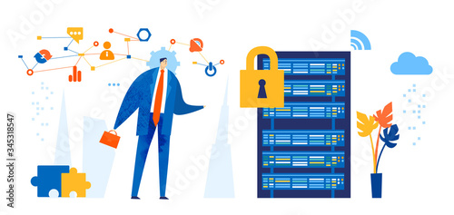 Canvas Print Businessman, engineer stands next to  server box