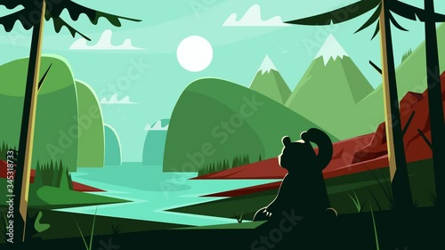 View of the peaceful river valley from the depths of the forest. Silhouette of a bear looking at a natural summer landscape. Hills, among which the river flows, fjords and mountains. Trees and grass.