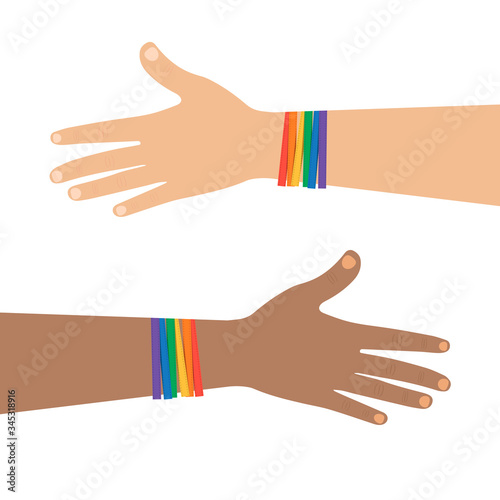 Hands of different colors with bracelets of LGBT colors. Symbol of freedom for LGBT movement. Multinationality of the LGBT movement. LGBT color bracelet on a hand on a white background. Vector.