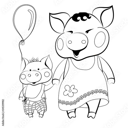 Vector расскраска Characters mom Pig and Son Piggy merrily, holding hands holding the piglet holding a ball. Happy childhood Drawing of a cute cartoon pet.