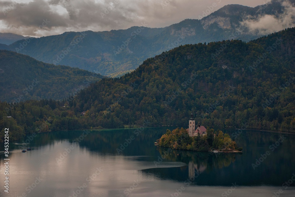 The picturesque island in the middle of Lake Bled, Slovenia