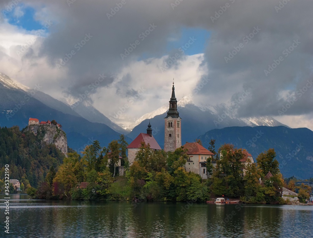 The picturesque island in the middle of Lake Bled, Slovenia