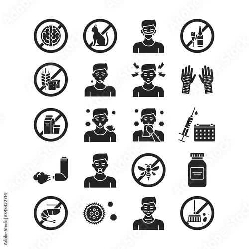 Allergy and symptoms glyph black icons set. Food intolerance, poisoning. Dermatological, infectious disease. Isolated vector element. Pictograms for web page, mobile app, promo.