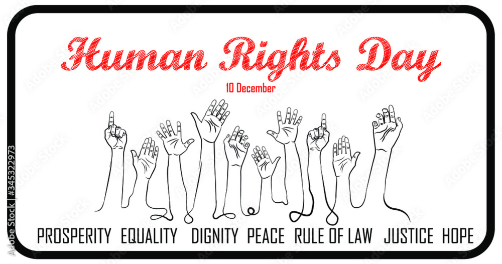Design globe and hands up illustration Human Rights Day, 10th of December. - obrazy, fototapety, plakaty 