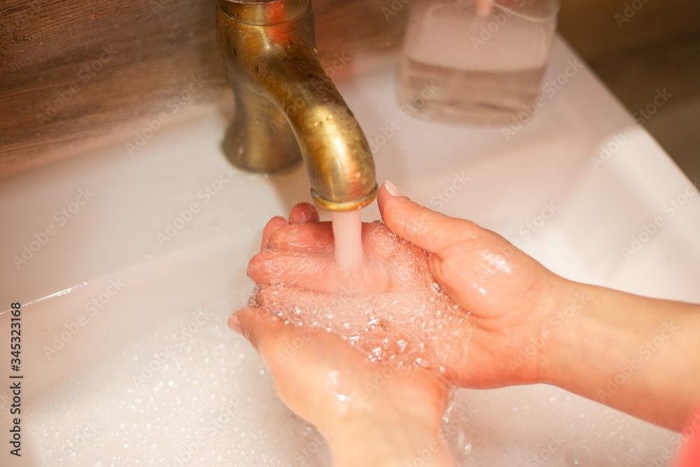 Fototapeta premium Hand wash with soap, cleanliness and hygiene 