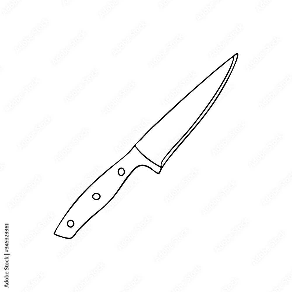 Obraz premium Kitchen knife drawn in the style of Doodle.Black and white image.Monochrome.Outline drawing.Vector image.