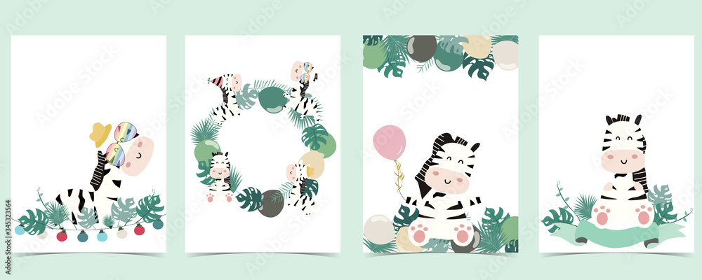 Green animal collection of safari frame set with leaves,zebra vector illustration for birthday invitation,postcard,logo and sticker