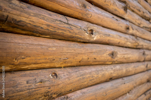 Log wall texture. Perspective photo. Closeup.