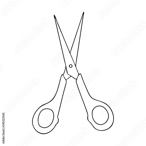 The scissors in Doodle style.Scissors for seamstresses and hairdressers.Black and white image.Monochrome.Tools made of metal.Vector illustration.