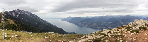 View  from the heights of Monte Baldo on the Alpine mountains and Lake Garda in Veneto  northern Italy