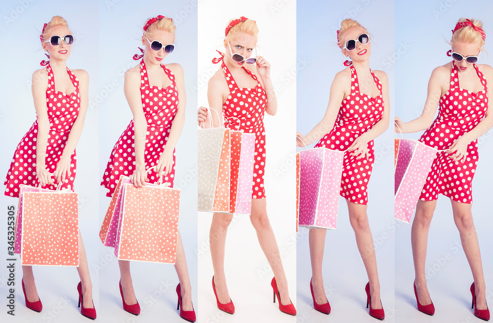 pin up woman in polka dot red dress. cute girl posing in retro style