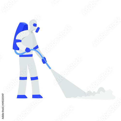 Street disinfection, a person pours the street with a special solution. vector illustration. coronavirus