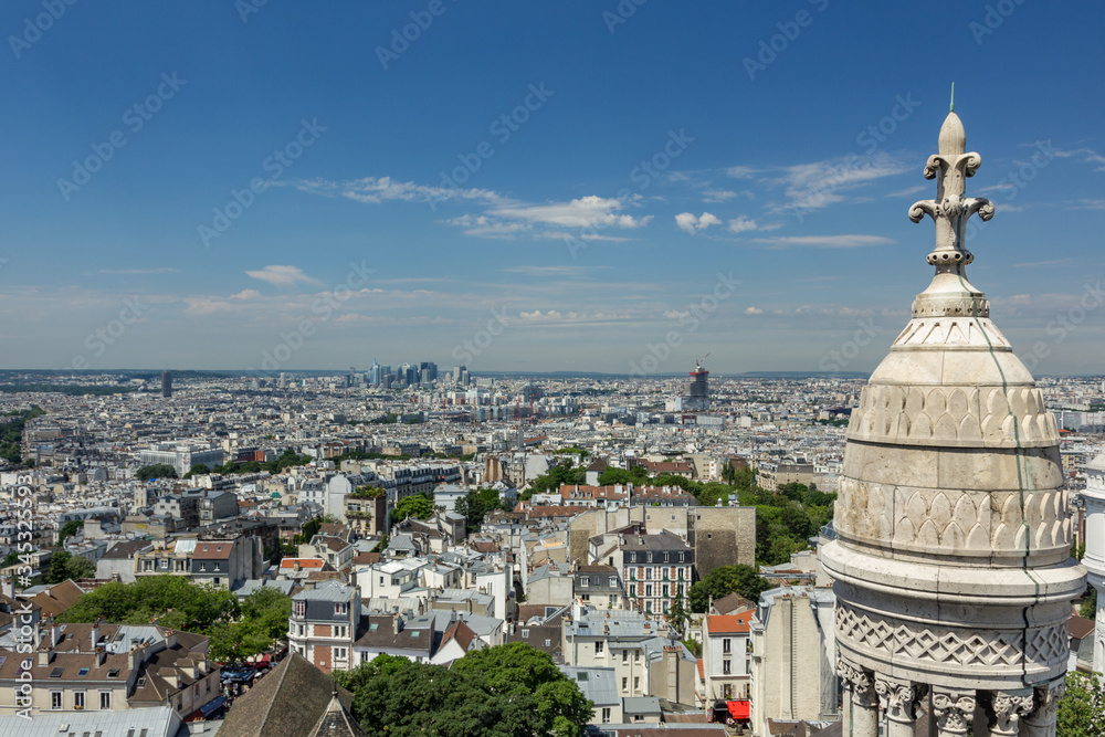 PARIS, FRANCE - JUNE 23, 2016: Aerial view from Basilica of the Sacred Heart of Jesus stands at the summit of the butte Montmartre - highest point in the Paris