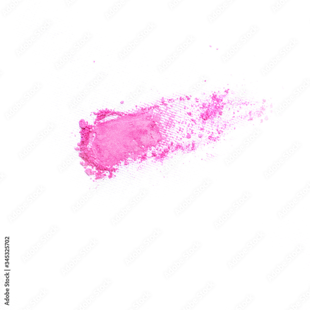 Pink crushed eye shadow isolated on white background. Splatter make up and cosmetic products.
