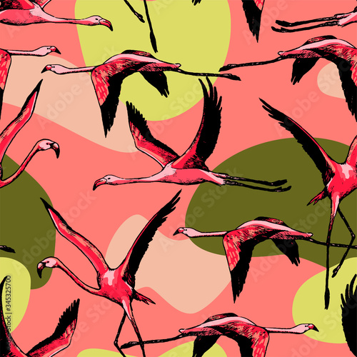Hand drawn vector seamless pattern of beautiful flamingos. Realistic ink exotic birds background. Vintage tropical colorful wallpaper. Gentle surface design for wrap, textile, postcard, print, fabric.