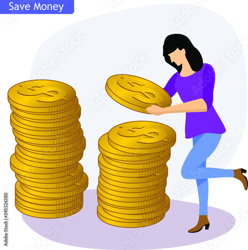 
illustration of a girl who saves so many coins. Save the money