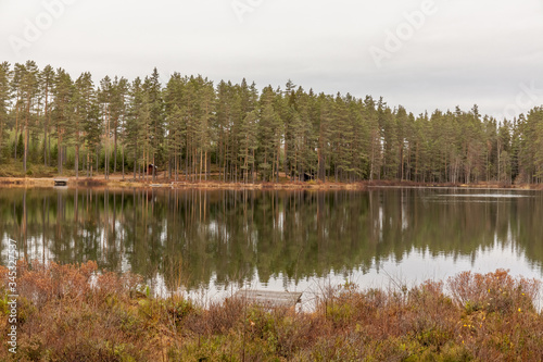 Fototapeta Naklejka Na Ścianę i Meble -  Lake, calm water, forest reflection in the water, cloudsAutumn landscape. Sweden.