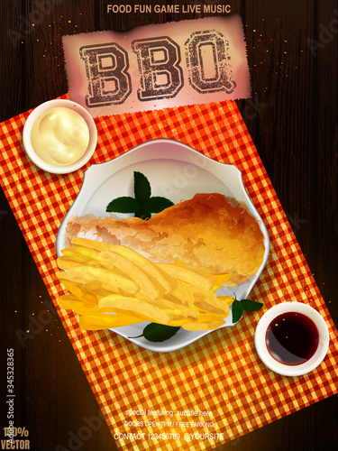 Bbq party invitation with fried chicken, food elements on wooden background. Barbecue poster. Food flyer. Vector design for celebration, invitation, greeting card. EPS 10