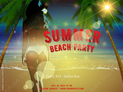 Sexy girl sunbathing on the Summer beach. A young woman in bikini. Nightclub beach party advertising poster, banner or flyer. EPS 10