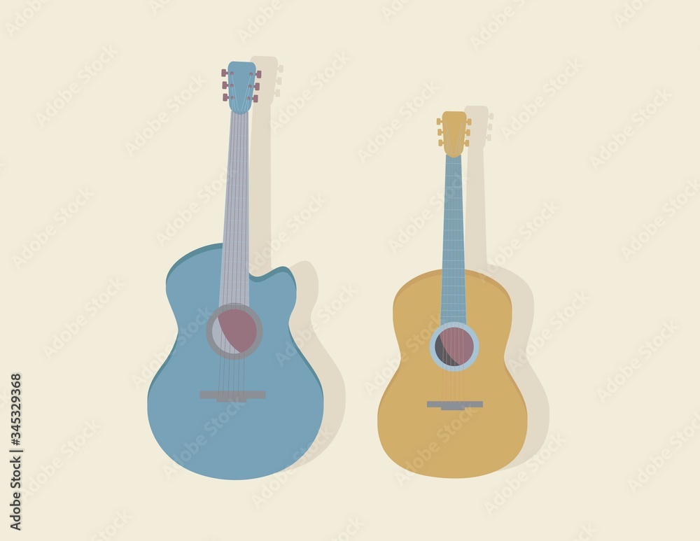 Naklejka premium Two Guitars. String musical instruments. Blue and Oak color Guitar. Neutral Tone. Vector illustrations.