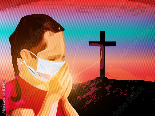 Coronavirus in the world. Religious flyer card for the Church service event. A little girl in a white medical mask, Christian cross on sunset background. Concept of coronavirus quarantine. EPS 10