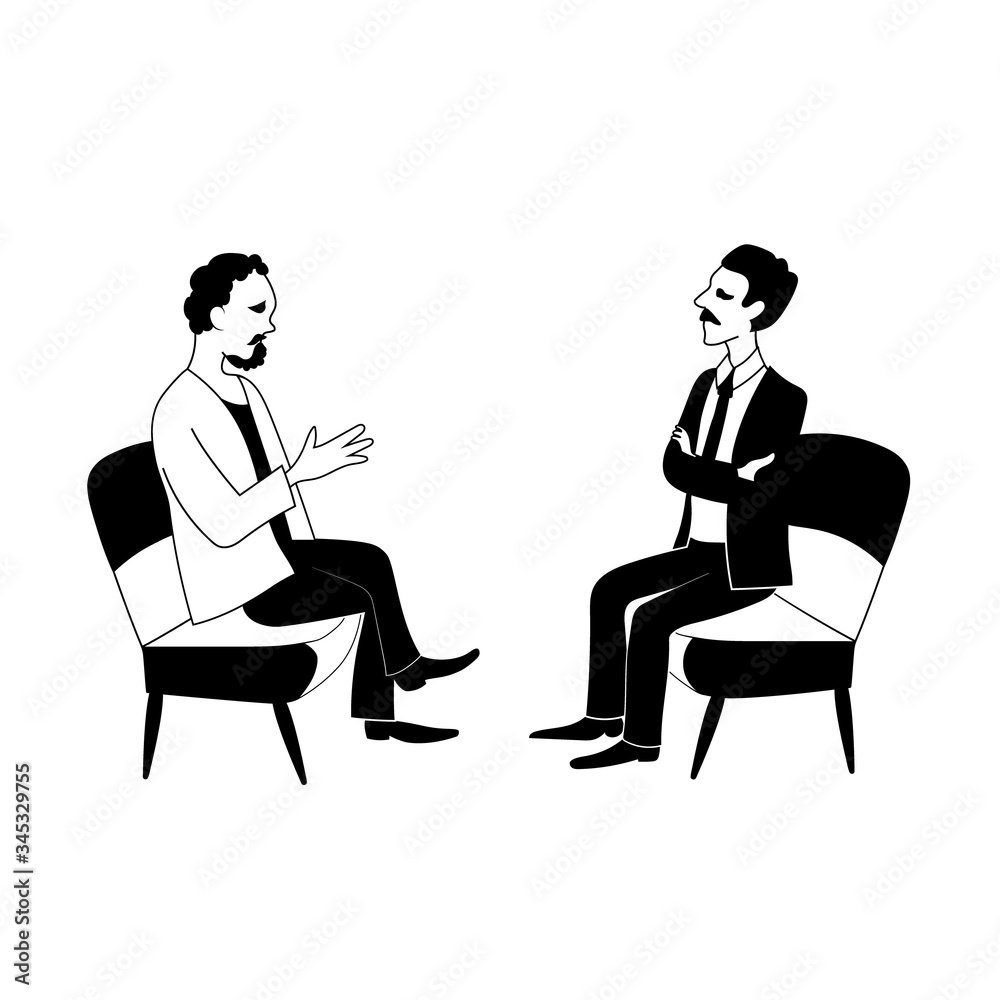 Two men are talking. Vector black outline image.