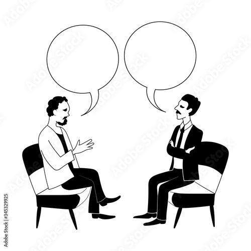 Two men are talking. Vector black outline image. © Yaroslava