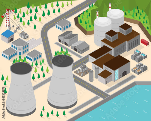 nuclear energy, nuclear power plant with isometric graphic