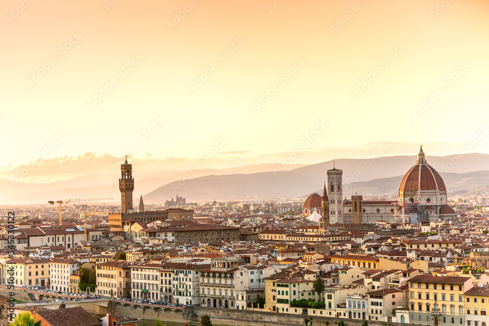 View of Florence after sunset from Piazzale Michelangelo.Panorama city skyline of Florence. Tuscany, Italy