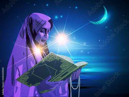 Asian Muslim woman in a veil holding prayer beads and reading the Quran. Grunge background with sky, stars, moon. Creative vector design for Islamic religious culture. Concept of faith. EPS 10