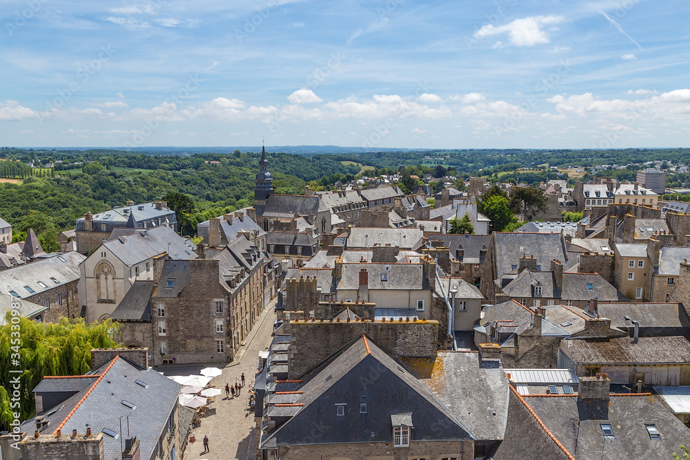 Dinan, France. Aerial view of street of old town buildings