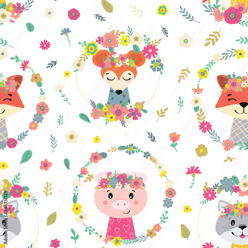 Seamless pattern with flowers and animals. Vector decoration wallpaper. Background illustration for kids. Seamless pattern with flowers and animals. Vector decoration wallpaper. Background illustration for kids.