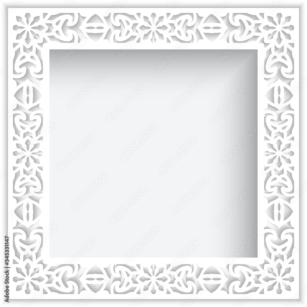 Square white frame with lace border pattern, template for laser cutting.