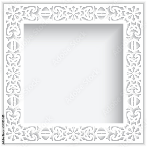 Square white frame with lace border pattern, template for laser cutting.