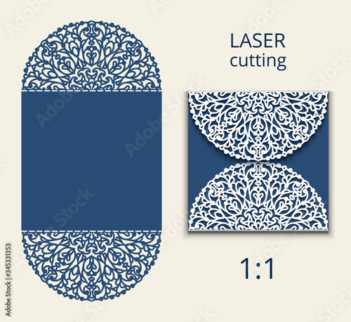 Cutout folding envelope for wedding invitation card with lace border pattern. Save the date card mockup. Elegant template for laser cutting. 